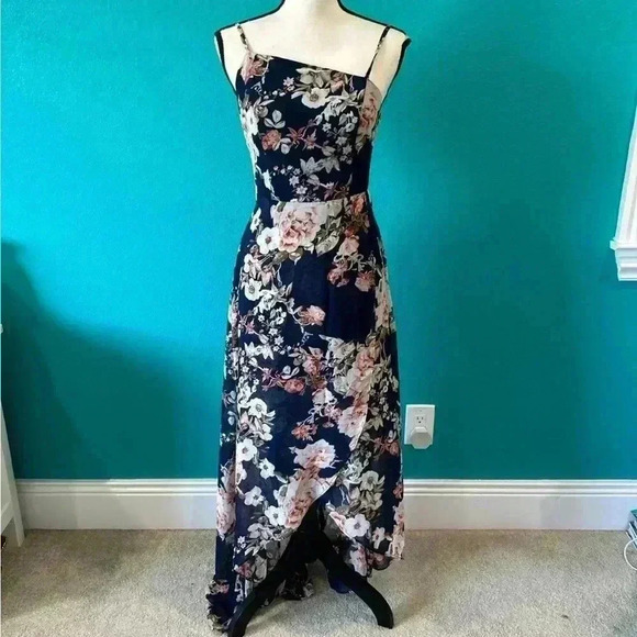 Lulus Reflection Navy Blue Floral Print High-low Dress in size small - Picture 2 of 11